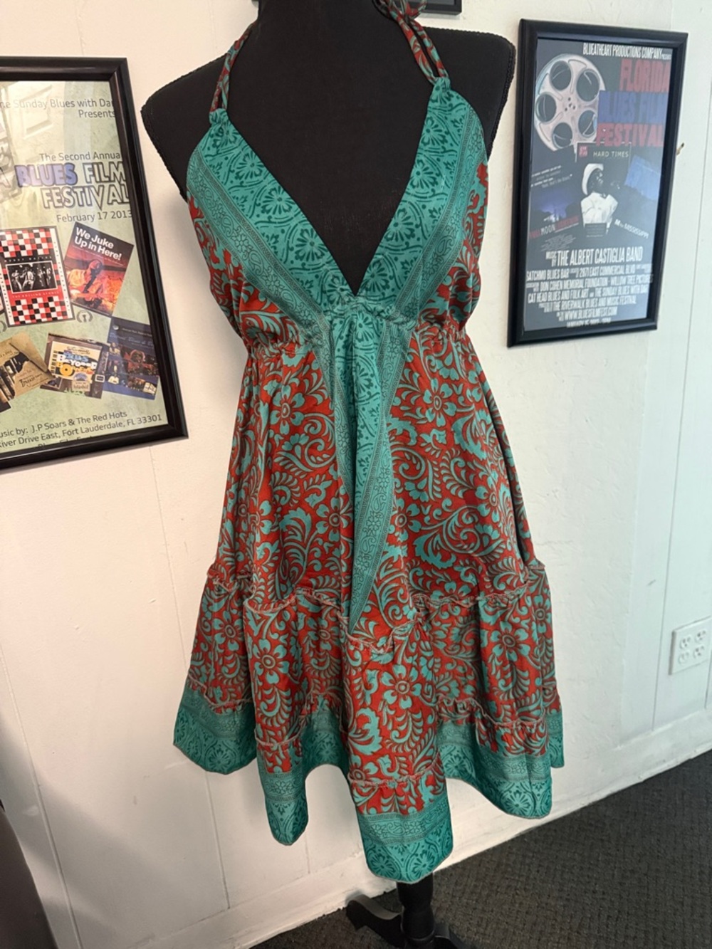 Halter Mini Dress in Teal and Rust Floral Print